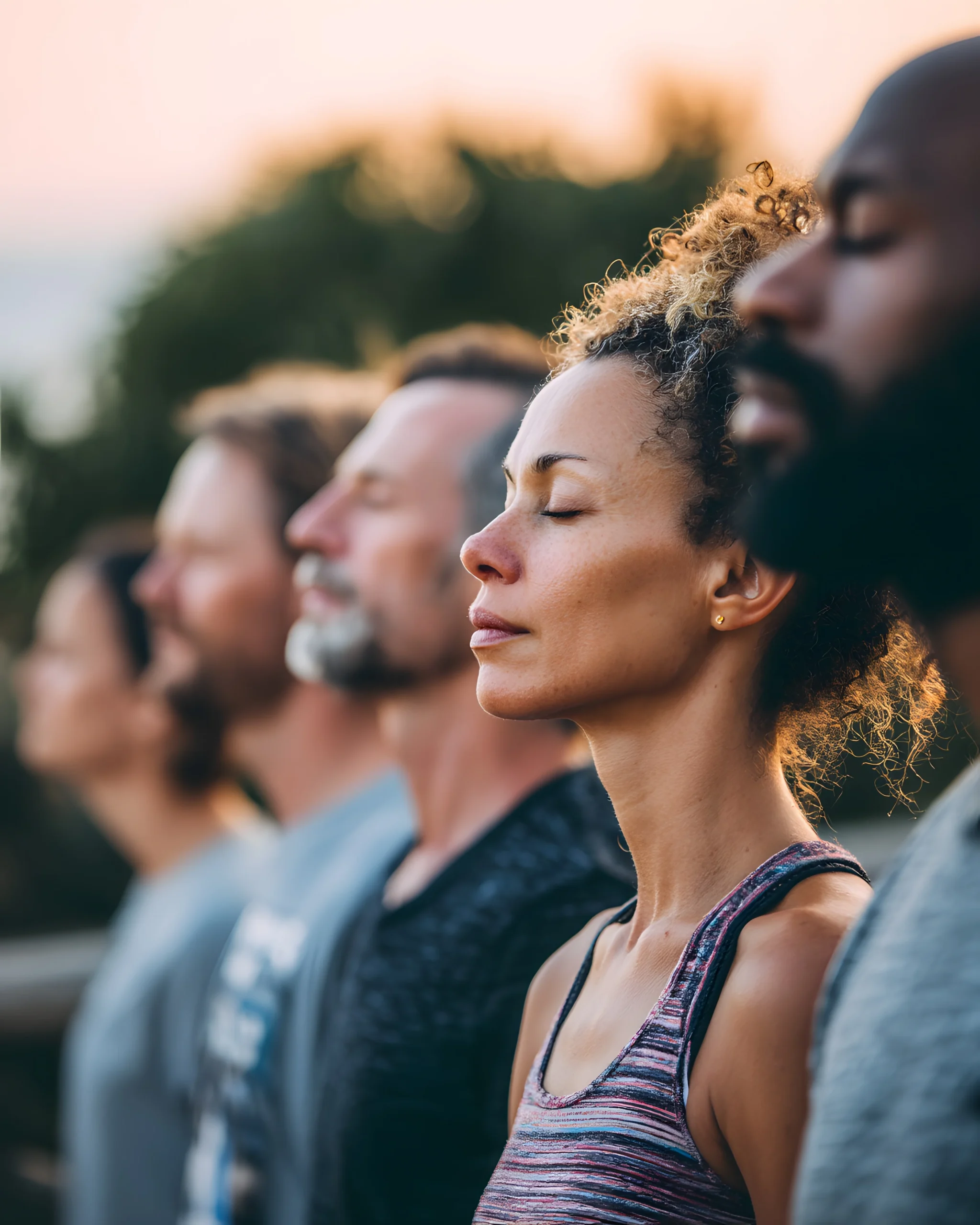 People practicing mindfulness breathing together during an outdoor wellness session.
