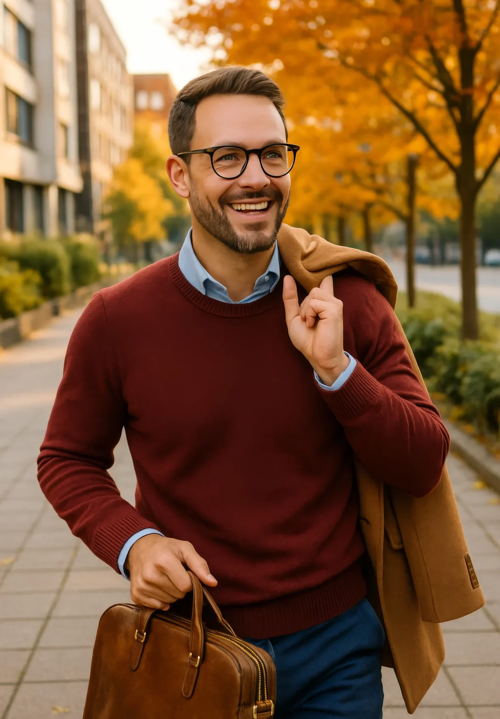 Young man smiling while walking outside during autumn.