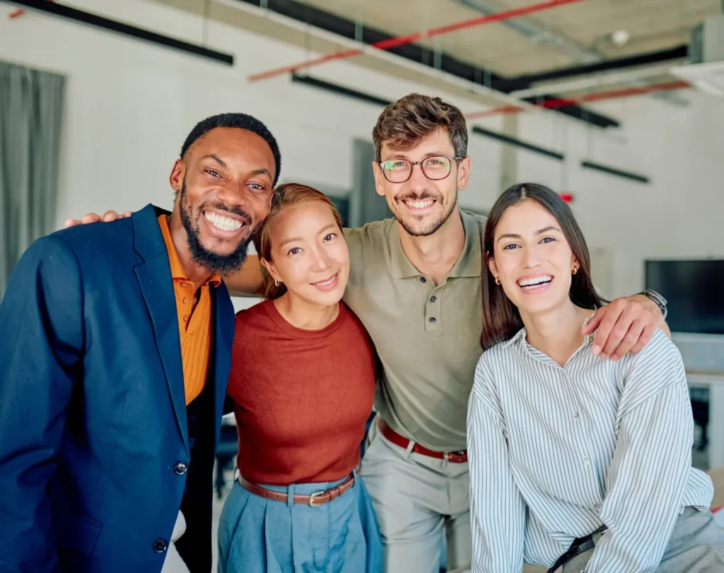 Supportive group of diverse young adults smiling together.