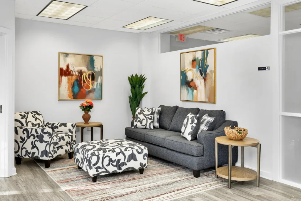 Modern and welcoming common area at Wellness Hills Mental Health Treatment Center in Chester, New Jersey.