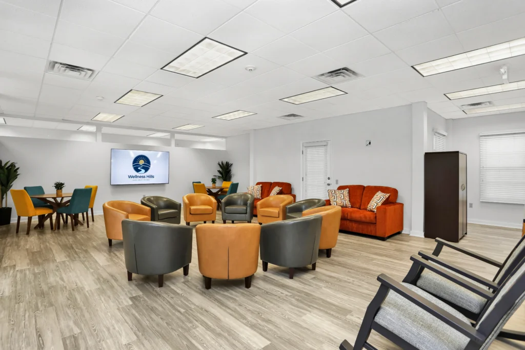 Wellness Hills mental health group therapy room with arranged chairs and comfortable seating.