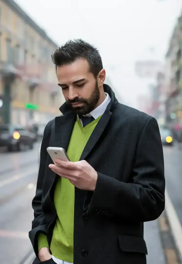 Man standing on a city street looking at his phone