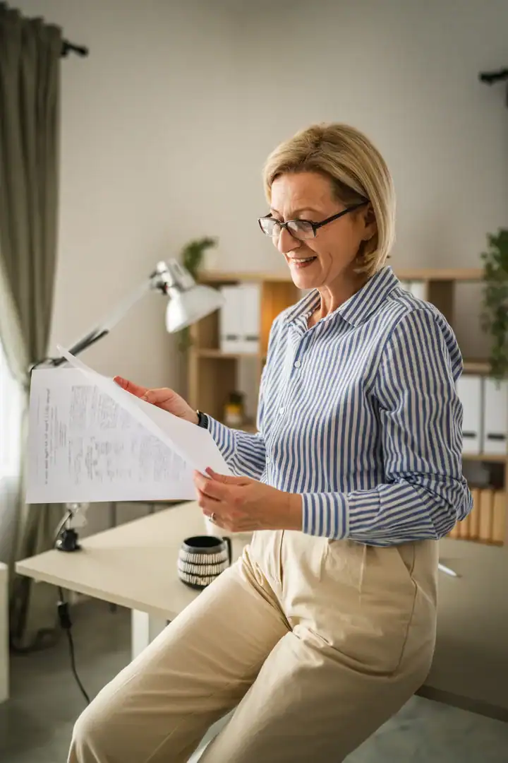 Woman in office reviewing documents