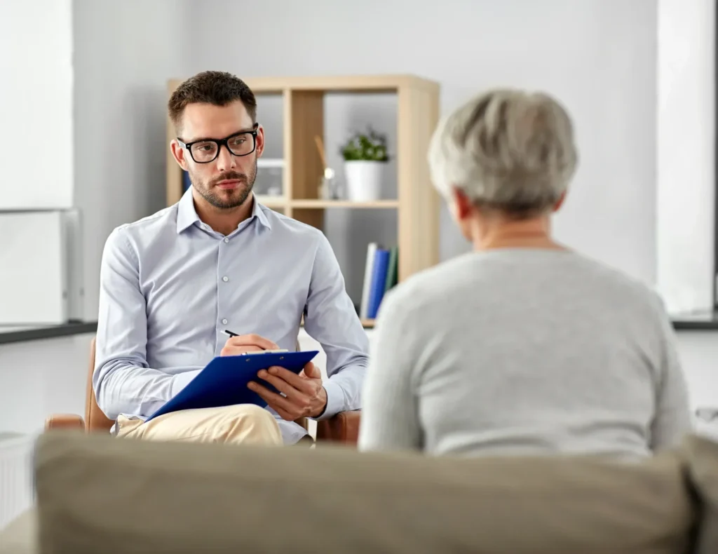 Counselor speaking with a client in a calm office setting