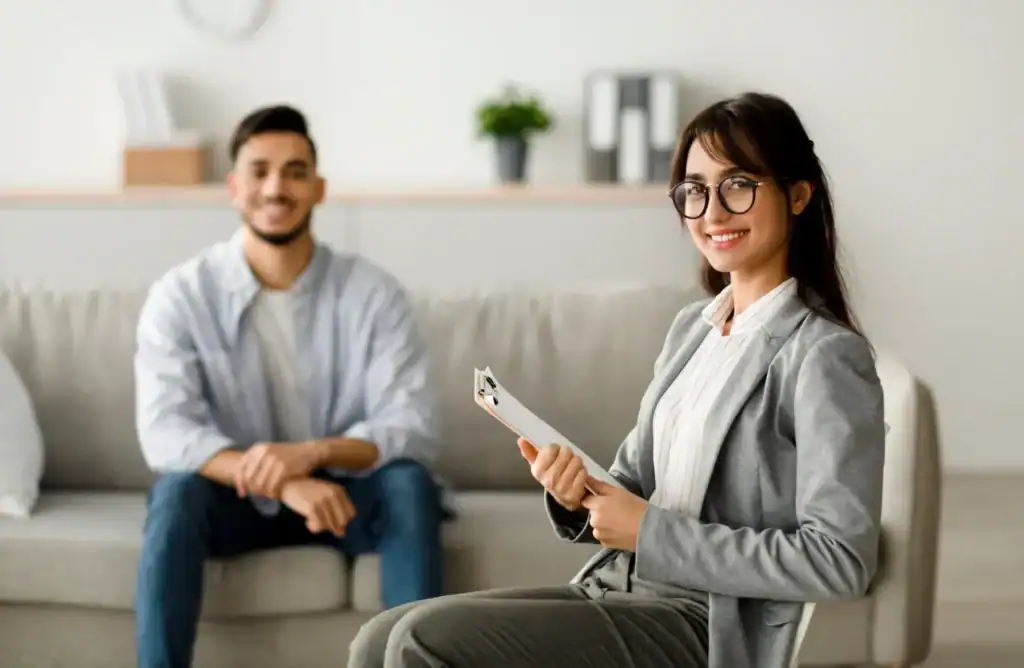 Licensed therapist smiling in an office while meeting with a client