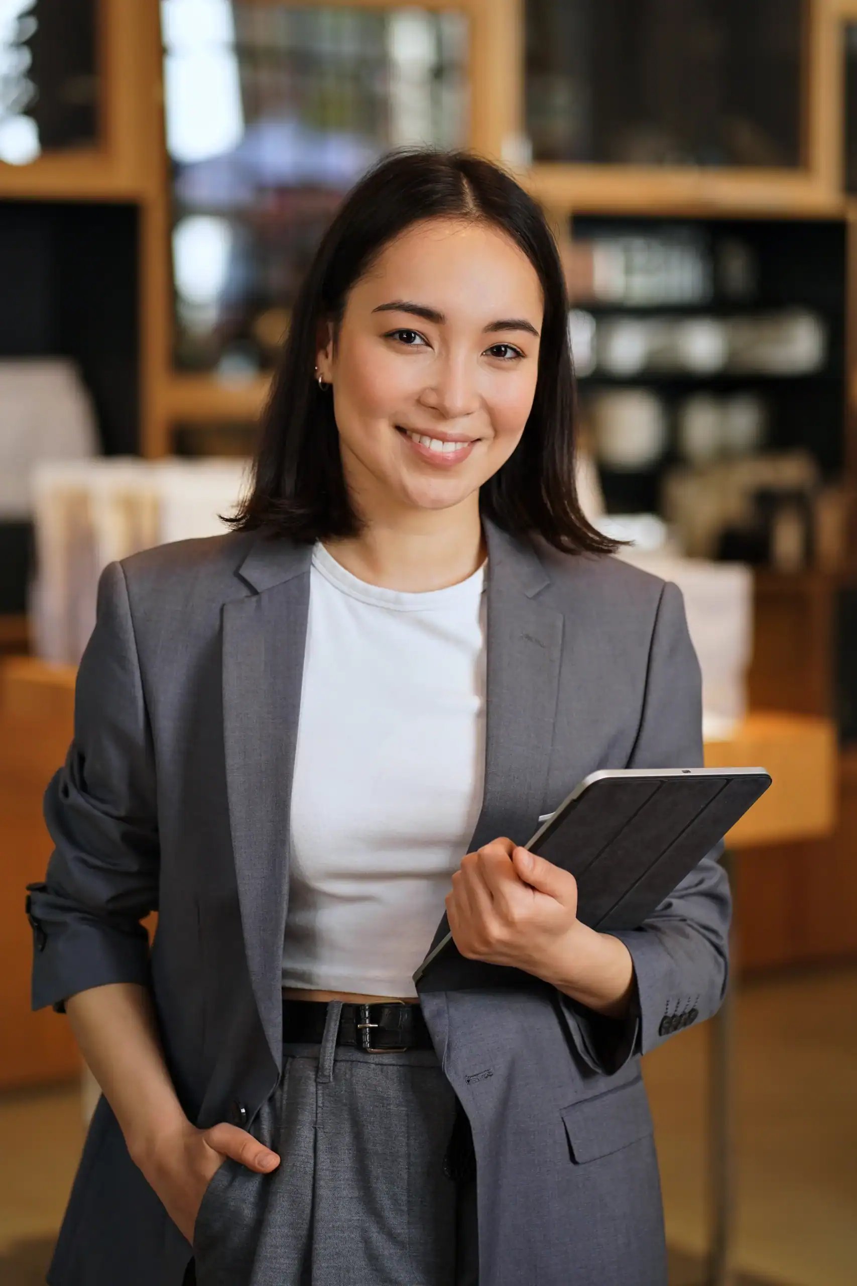 Smiling mental health professional holding a tablet in an office setting
