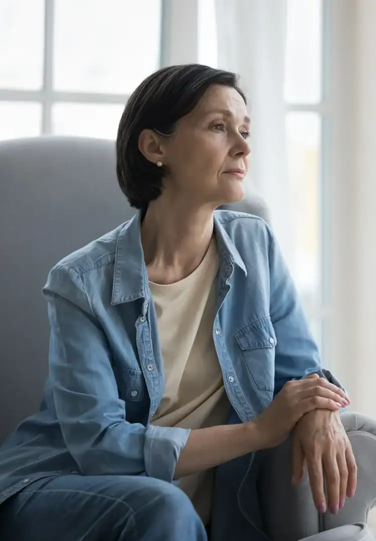 Woman sitting in a chair looking out a window, appearing sad or worried
