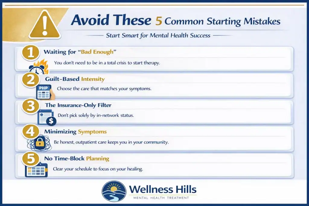 5 common starting mistakes: waiting too long, guilt-based care level, insurance-only choice, minimizing symptoms, poor scheduling.