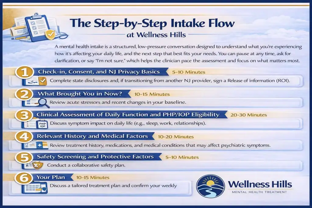 Infographic showing Wellness Hills intake flow: check-in, why now, daily function, history, safety screening, and your plan.