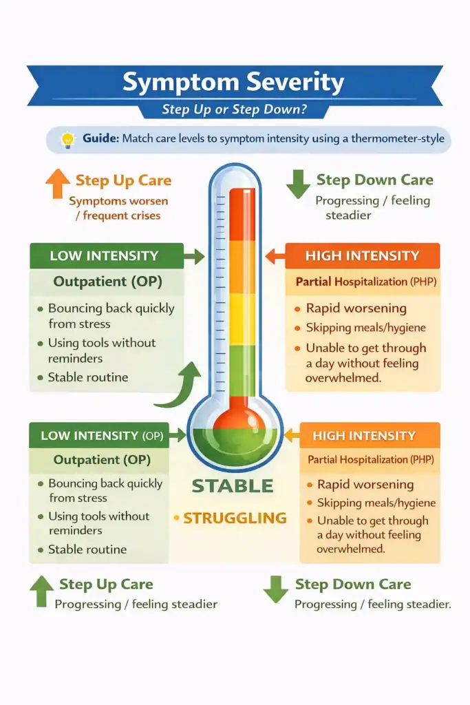 Symptom severity thermometer showing OP for low intensity (stable/green), IOP for medium intensity (struggling/yellow), and PHP for high intensity (severe/orange), with arrows for stepping up or stepping down care.