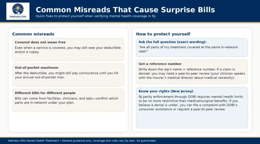 Wellness Hills infographic on avoiding surprise insurance bills: common misreads, key questions, reference numbers, and NJ parity rights.