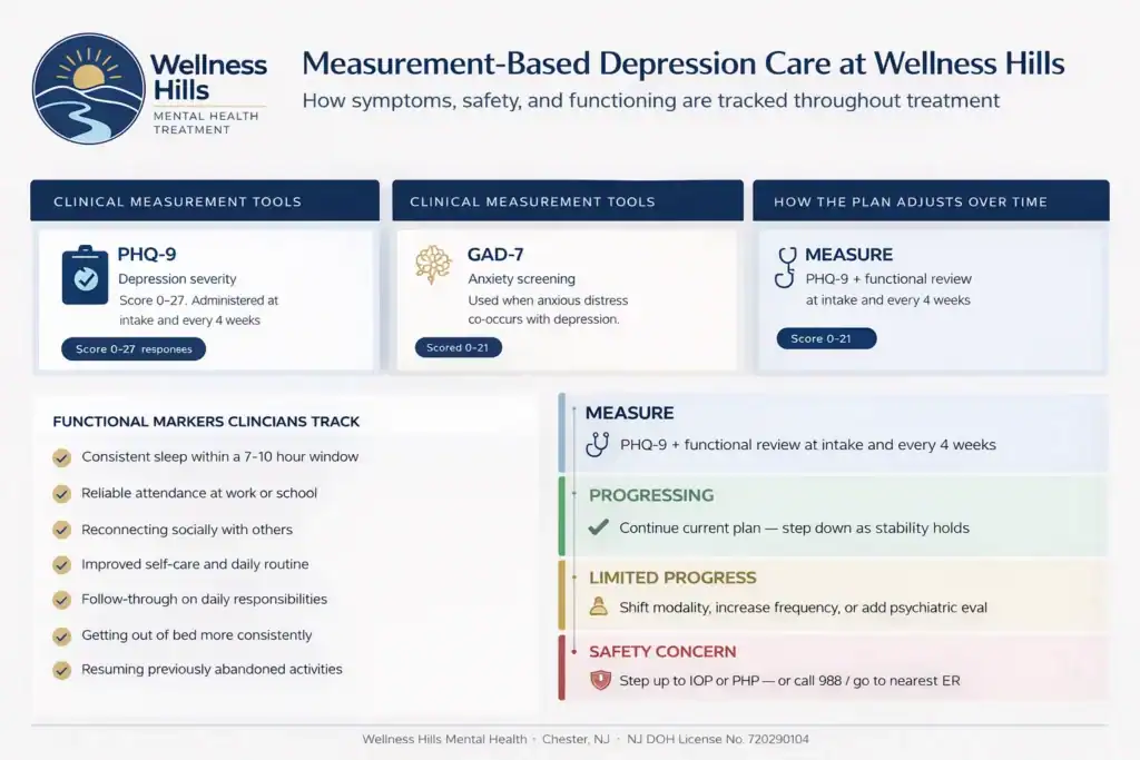 A clinical infographic showing how Wellness Hills Mental Health tracks depression treatment progress using PHQ-9, GAD-7, and functional markers in Chester, New Jersey