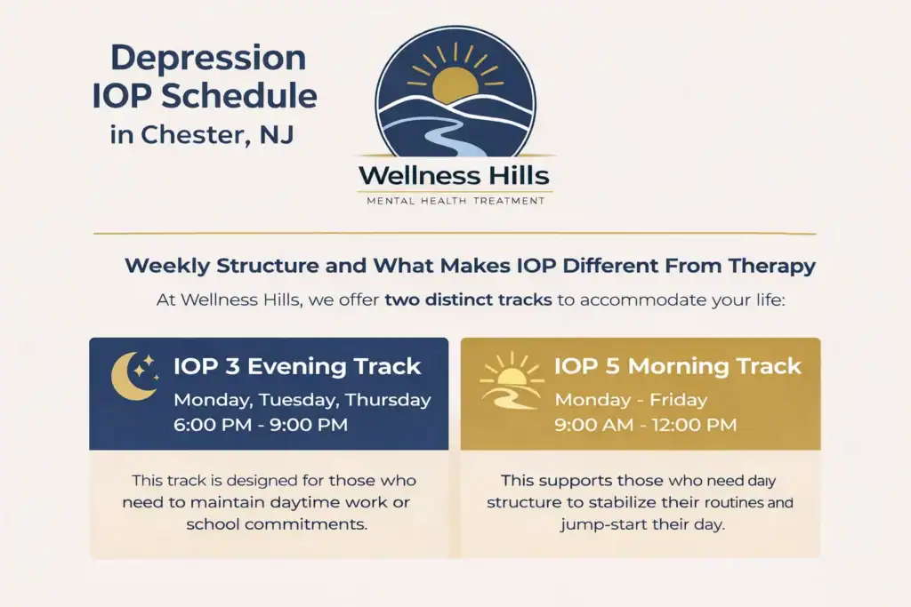 Depression IOP schedule infographic for Wellness Hills in Chester NJ showing IOP 3 evening track Monday Tuesday Thursday 6pm–9pm and IOP 5 morning track Monday through Friday 9am–12pm.