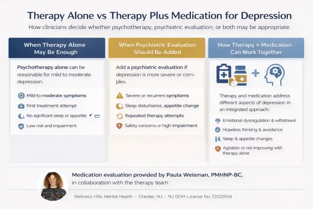 Infographic comparing therapy alone versus therapy plus medication for depression, including when psychotherapy may be enough, when psychiatric evaluation should be added, and how combined treatment can work together