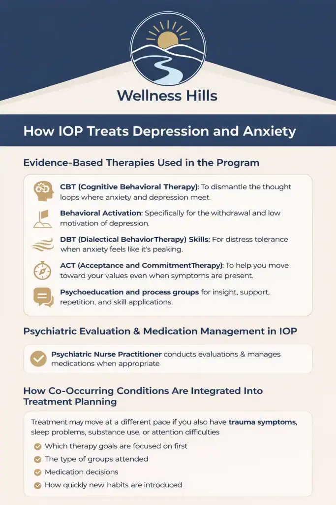 Infographic titled How IOP Treats Depression and Anxiety for Wellness Hills Mental Health Treatment, featuring evidence-based therapies, psychiatric evaluation and medication management, and integrated treatment planning for co-occurring conditions