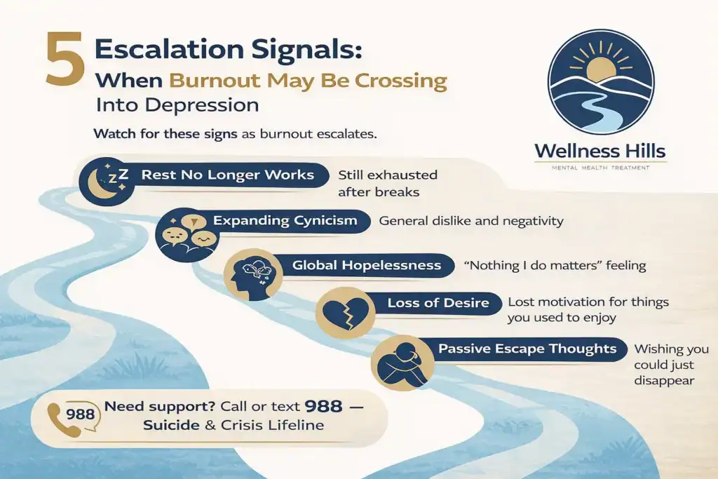 Infographic showing five escalation signals that burnout may be crossing into depression, including rest no longer working, expanding cynicism, hopelessness, loss of desire, and passive escape thoughts, with 988 crisis support information.