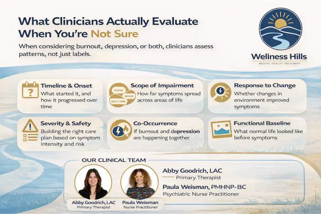 Infographic showing what clinicians evaluate when distinguishing burnout from depression, including timeline, scope, response to change, severity, co-occurrence, and functional baseline, with clinical team members Abby Goodrich, Primary Therapist, and Paula Weisman, Psychiatric Nurse Practitioner.