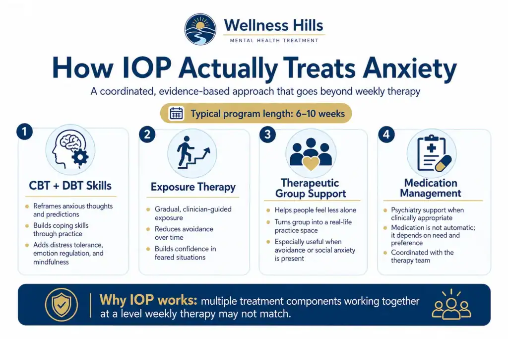 Infographic explaining how anxiety-focused IOP at Wellness Hills treats anxiety through CBT and DBT skills, exposure therapy, group support, and medication management.