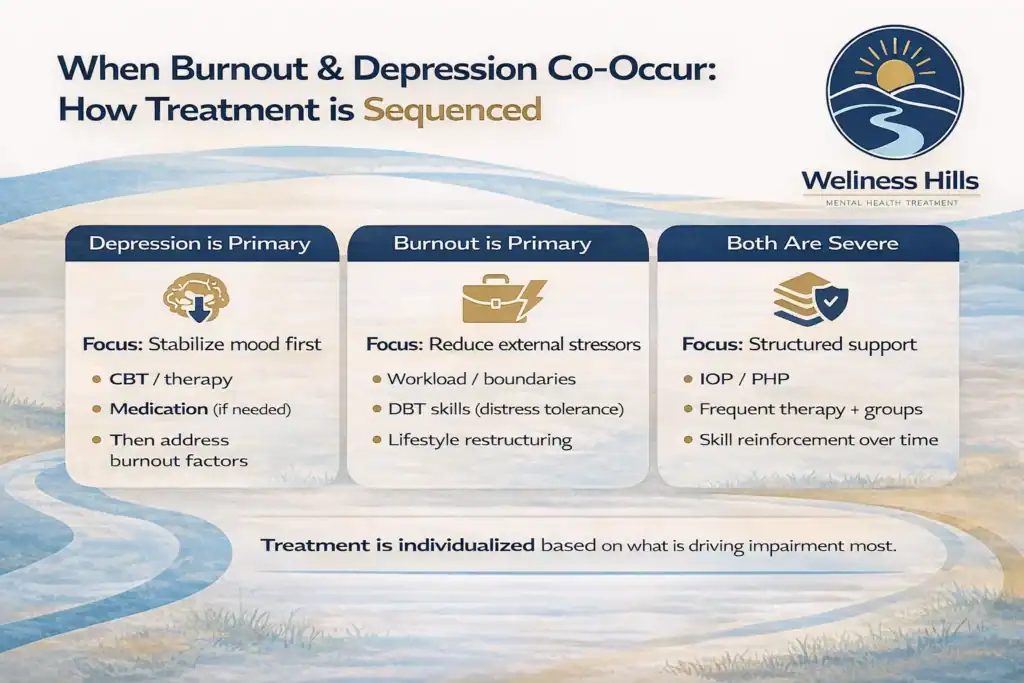 Infographic showing how treatment is sequenced when burnout and depression co-occur, outlining approaches for depression as primary, burnout as primary, and when both are severe, with emphasis on individualized care.