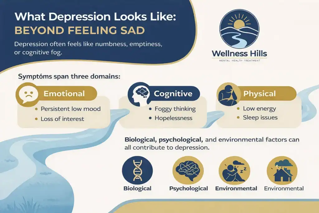 Infographic showing what depression looks like beyond feeling sad, including emotional, cognitive, and physical symptoms and contributing biological, psychological, and environmental factors.