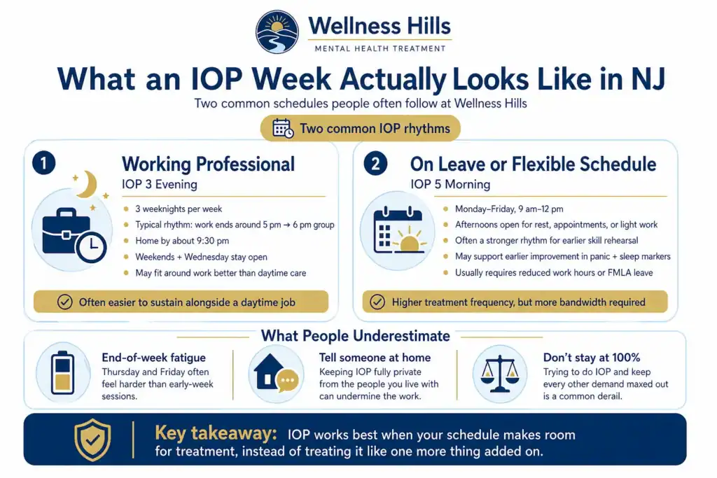 Infographic showing what an IOP week looks like in New Jersey, comparing Wellness Hills IOP 3 Evening for working professionals with IOP 5 Morning for people on leave or with flexible schedules.