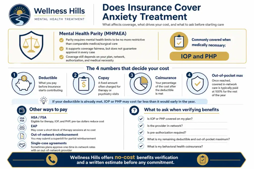 Infographic explaining anxiety treatment insurance coverage, including mental health parity, the four cost factors that affect out-of-pocket expenses, other ways to pay, and questions to ask when verifying benefits with Wellness Hills.