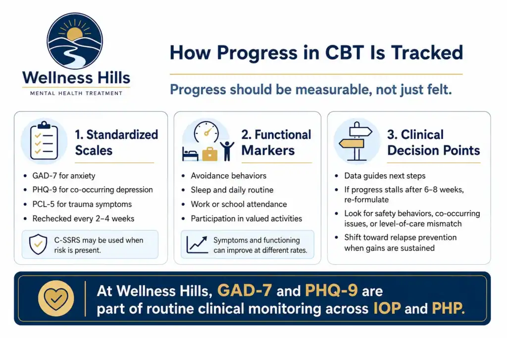 Infographic explaining how progress in CBT is tracked using standardized scales, functional markers, clinical decision points, and routine monitoring at Wellness Hills.