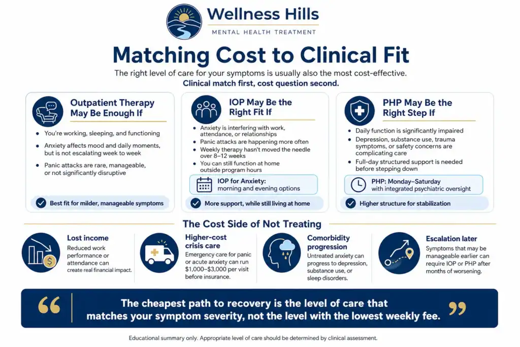 Infographic showing how outpatient therapy, IOP, and PHP match different anxiety symptom levels, plus the financial impact of delaying treatment and why the right clinical fit is usually the most cost-effective option.