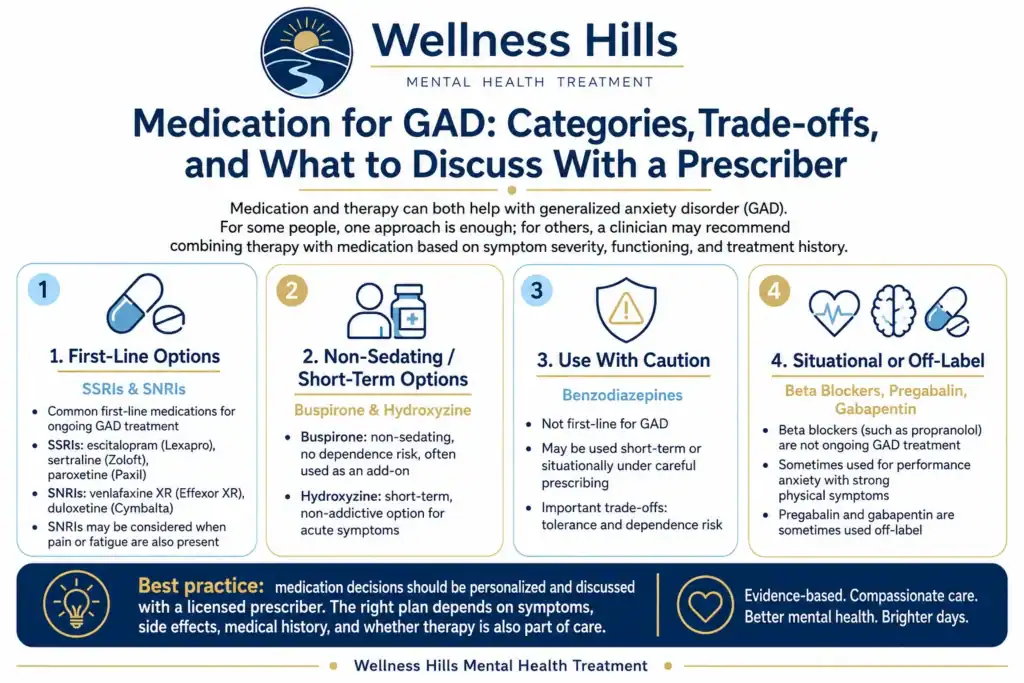 Infographic explaining medication categories for generalized anxiety disorder, including SSRIs, SNRIs, buspirone, hydroxyzine, benzodiazepines, beta blockers, pregabalin, and gabapentin.