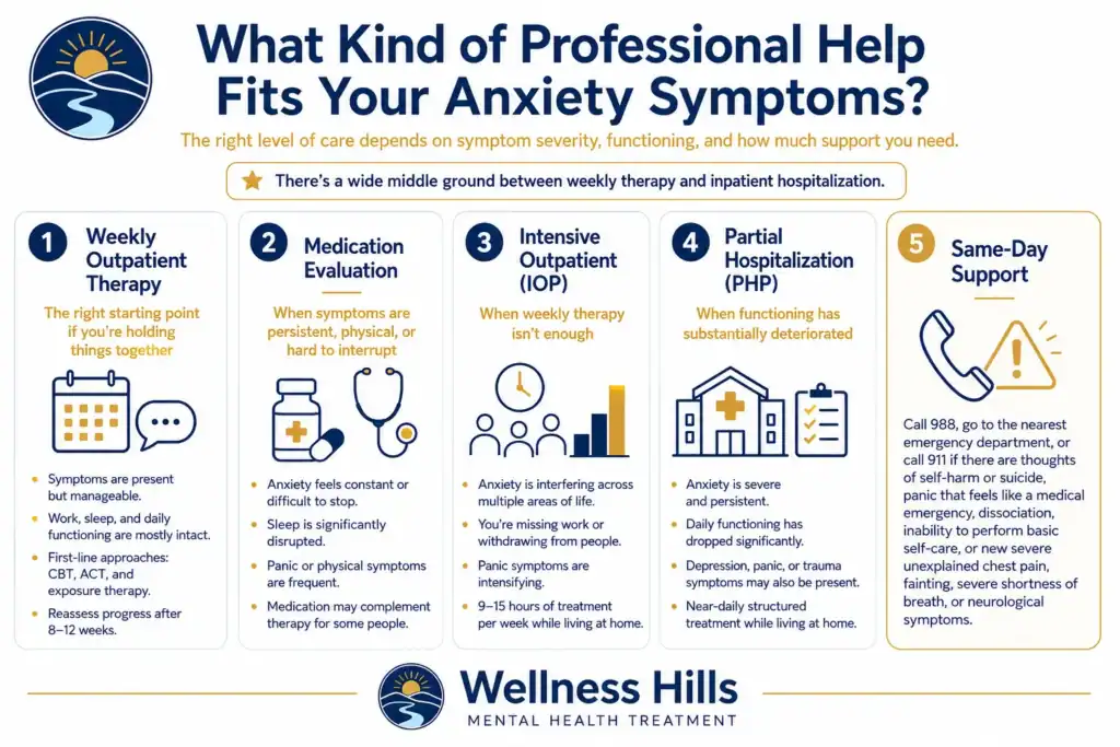 Infographic explaining which level of professional anxiety support may fit different symptoms, including weekly therapy, medication evaluation, IOP, PHP, and same-day crisis support.