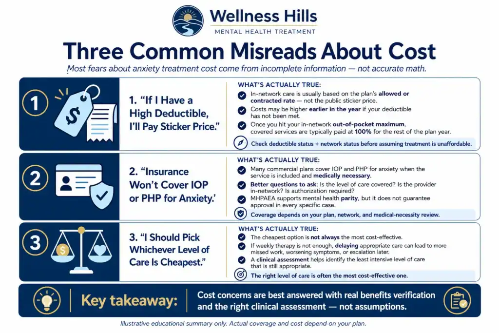 Infographic explaining three common misreads about anxiety treatment cost, including high deductibles, insurance coverage for IOP and PHP, and why the cheapest level of care is not always the most cost-effective option.