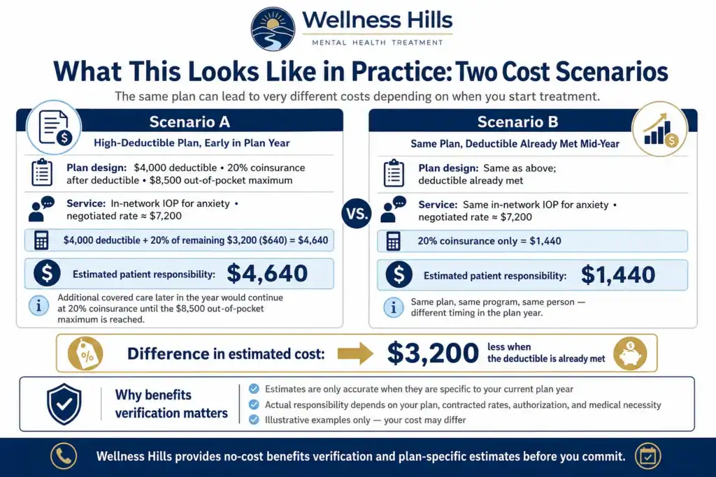 Infographic comparing two anxiety treatment cost scenarios at Wellness Hills, showing how the same insurance plan can lead to different out-of-pocket costs depending on whether the deductible has been met.