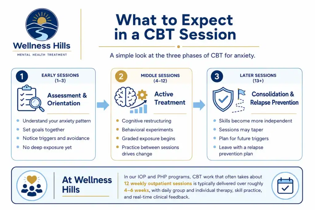 Infographic explaining what to expect in a CBT session, including assessment, active treatment, relapse prevention, and how Wellness Hills delivers CBT through IOP and PHP programs.
