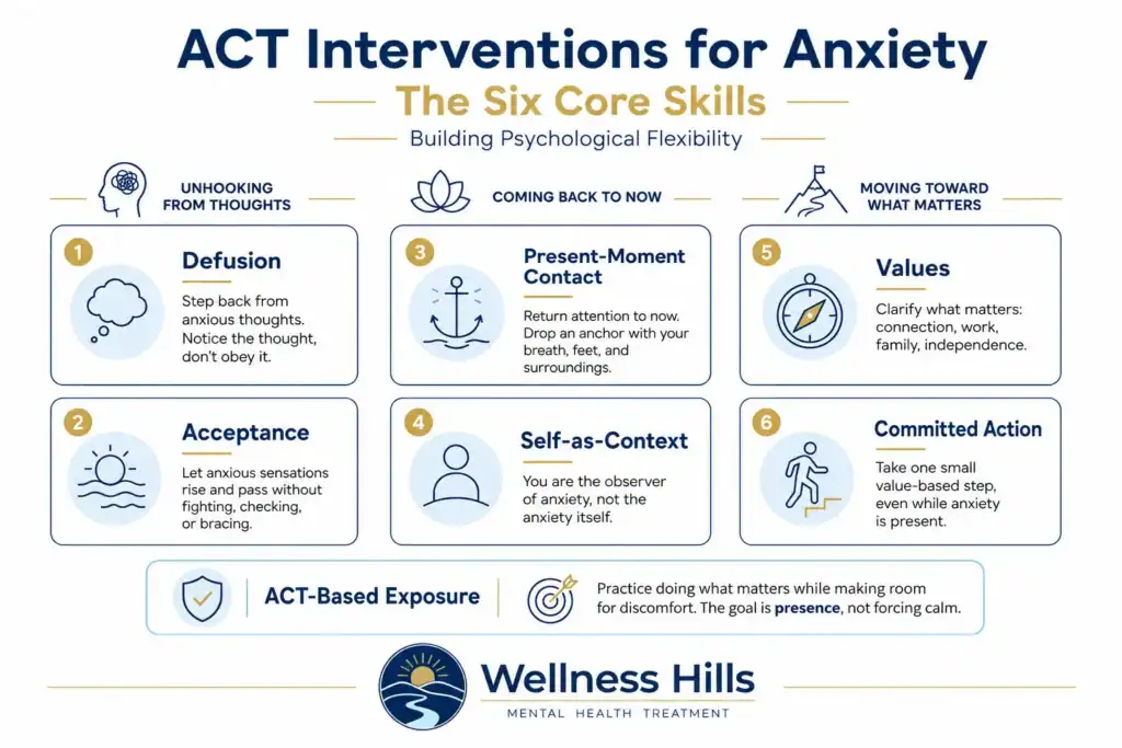 Infographic showing the six core ACT skills for anxiety, including defusion, acceptance, present-moment contact, self-as-context, values, committed action, and ACT-based exposure.