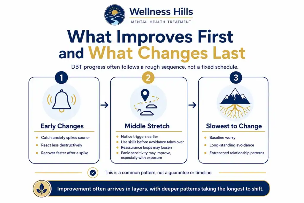 Infographic showing how DBT progress for anxiety may unfold, from early changes to middle-stage improvement and slower long-term patterns.