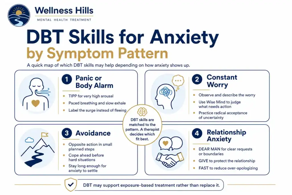 Infographic showing DBT skills for anxiety by symptom pattern, including panic, constant worry, avoidance, and relationship anxiety.