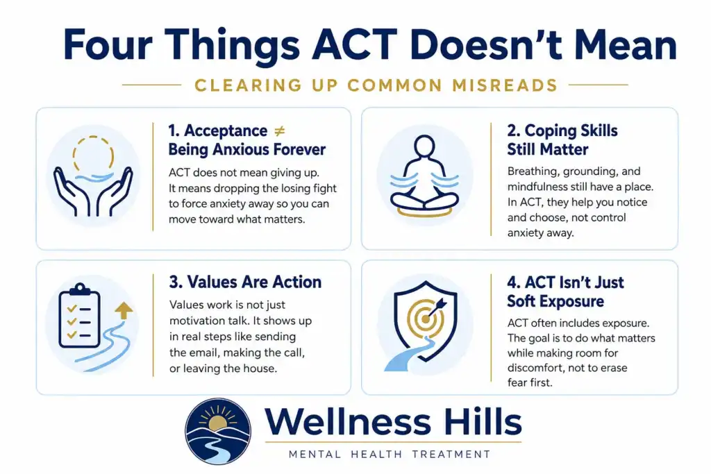 Infographic explaining four common misconceptions about ACT for anxiety, including acceptance, coping skills, values-based action, and exposure.