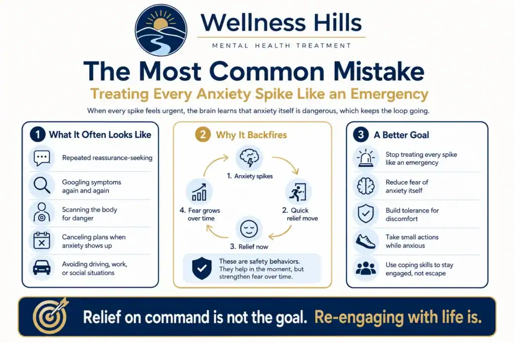 Infographic explaining the common mistake of treating every anxiety spike like an emergency, how safety behaviors reinforce anxiety, and healthier goals for responding to anxious moments.