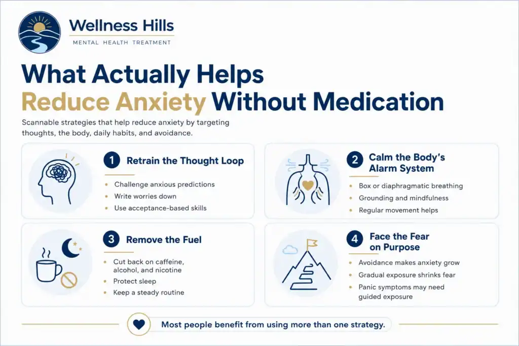 Infographic showing non-medication strategies to reduce anxiety, including thought retraining, calming the body, healthy habits, and gradual exposure.