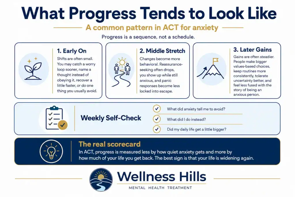Infographic showing what progress in ACT for anxiety tends to look like, including early changes, middle-stage behavioral gains, later gains, a weekly self-check, and how progress is measured by getting more of your life back.