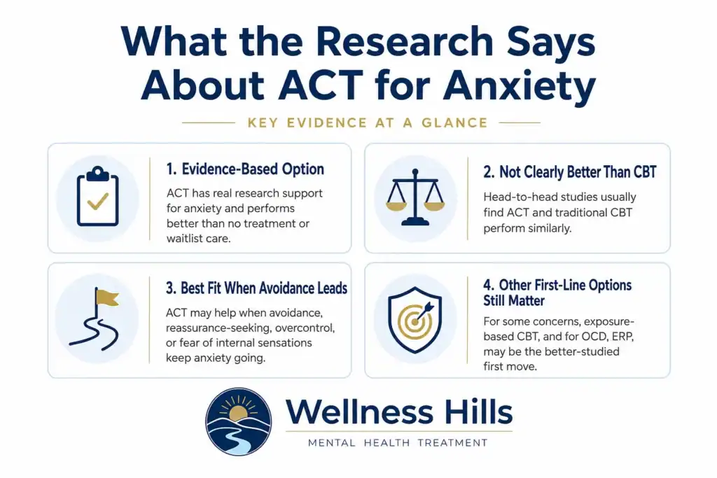 Infographic explaining what research says about ACT for anxiety, including evidence support, CBT comparison, avoidance patterns, and ERP considerations.