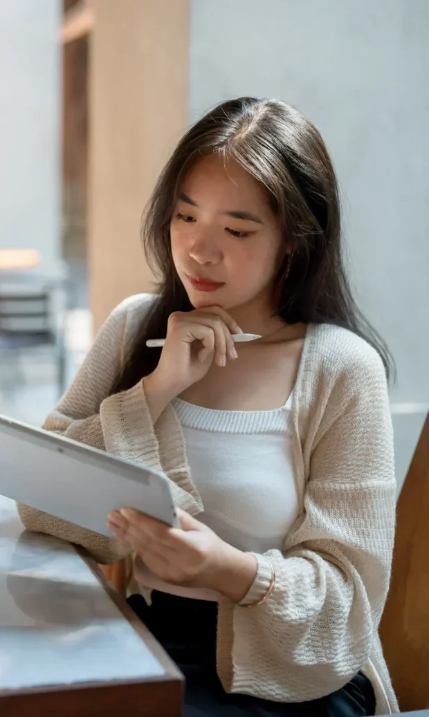 Woman seated at a table reviewing information on a tablet, pen in hand.
