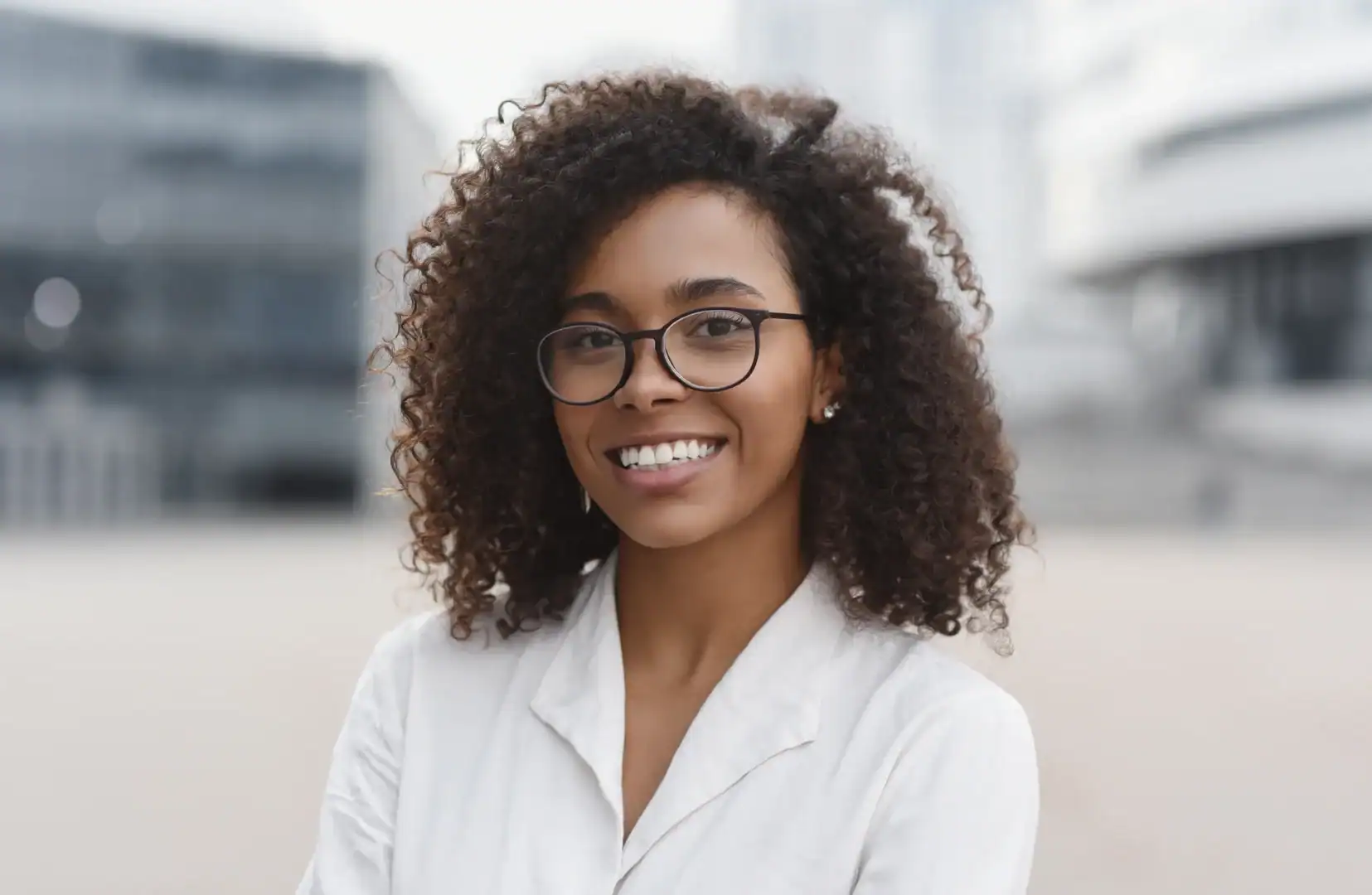 Smiling young woman with glasses standing outdoors.