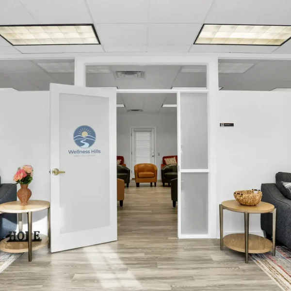 Entrance to the group therapy room at Wellness Hills Mental Health Treatment with couches, artwork, and open door leading to seating area.