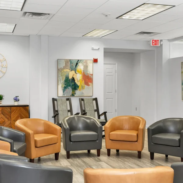 Group therapy room with arranged chairs at Wellness Hills Mental Health Treatment in New Jersey.
